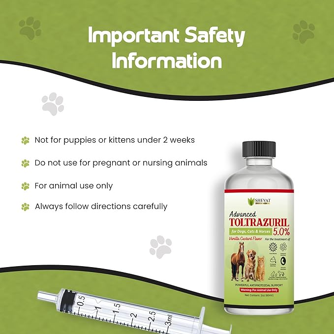 Advanced Toltrazuril 5.0% for Dogs, Cats & Horses – 60 mL / 2 oz Bottle – Vanilla Flavor – Oral Suspension – Easy-Dose Liquid – Includes 3 mL Dropper – Animal Use Only