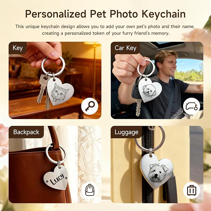 Custom Dog or Cat Portrait Keychain, Personalized Photo Engraved Keychains with Name, Customized Pet Memorial Gifts for Loss of Pets (Heart Shape)