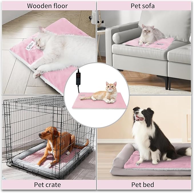 Rest-Eazzzy Heated Cat Bed, Removable Cover, 5-Level Timer & Temperature, Indoor Warming Mat (Heat Pad, Pure-Pink)