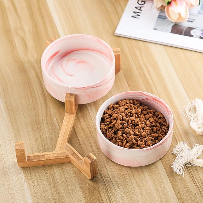 Marble Pink Ceramic Cat Dog Bowl Dish with Wood Stand No Spill Pet Food Water Feeder Cats Small Dogs Set of 2