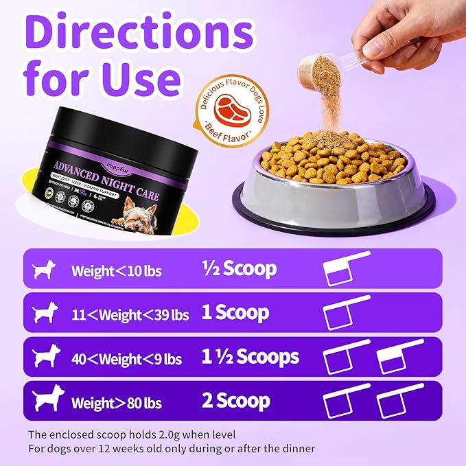 Dog Vitamins and Supplements for Nighttime Repair, Calming, Joint, Gut, Dog Multivitamin Powder for Homemade Food with Collagen, Glucosamine, GABA, Probiotics - Beef Flavor, 75 Scoops