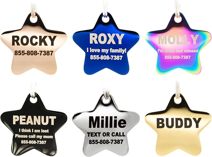Engraved Dog Tags Personalized - Stainless Steel Engraved Dog Cat ID Tags Front & Back up to 8 Lines of Text Color Plating Gold, Rose Gold, Blue, Black, Nebula Star Regular