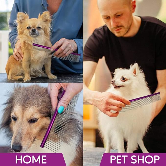 Pet Comb 10 inches Comfortable Grooming Cat Comb with Different-Spaced Rounded Stainless Steel Teeth, Easy Grip and Convenient Grooming Metal Dog Comb for Pets Dog with Medium Coarse Fur - Purple