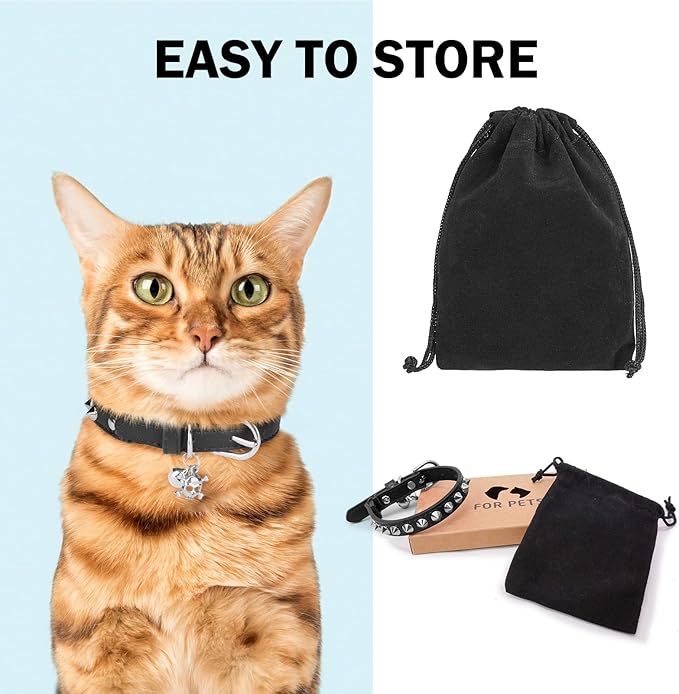 Leather Cat Collars for Boy Girl Cats with Bell and Safety Elastic Belt, Personalized Rivets Stud Adjustable Safe Buckle Collar with Skull Charm for Kitty Small Pets, Black