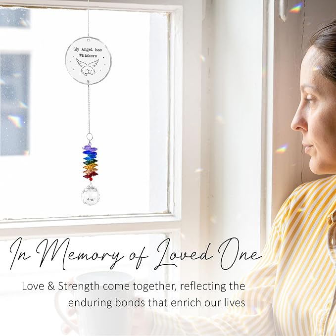Glass Ornament Suncatcher - My Angel HAS Whiskers - Cat Memorial Sympathy Keepsake - Crystal Rainbow Maker for Cats Lovers - Mother's Day for Dog Cat Mom Dad Pet Owners