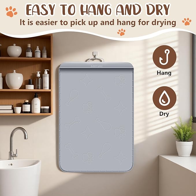 Silicone Cat Litter Mat with Collection Pocket, 42" x 28" Large Cat Litter Box Mat Waterproof Anti-Slip Litter Trapping Mat with Edge and Handle Pet Placemat for Floors (Light Grey)