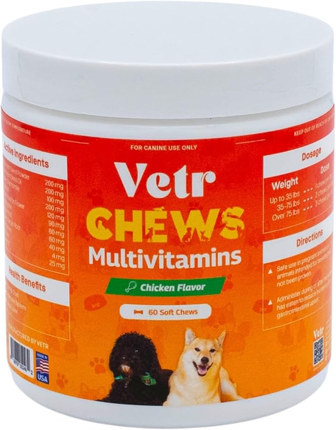 Vetr Dog Multivitamin Treats, 60 Chews Chicken Flavor, Daily Pet Dog Vitamins and Supplements with Glucosamine, Chondroitin, & Probiotics, Hip & Joint, Immune Support, & Digestive Care