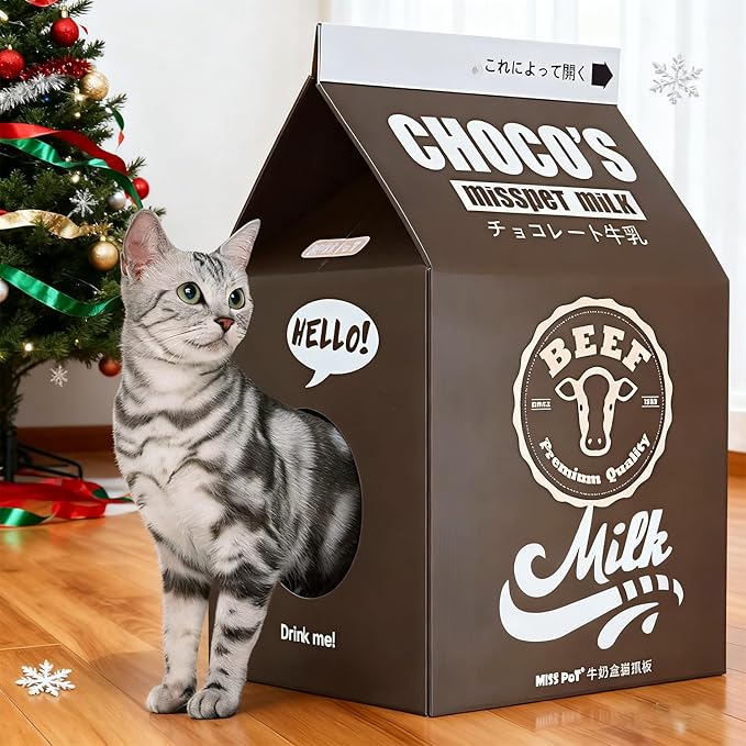 Simple Delxue Cardboard Cat House with Scratch Pad, Corrugated Kitten Hideaway Cave, Cute Cats Condos Box, Milk Box Shape Cat Scratching House Bed, Black