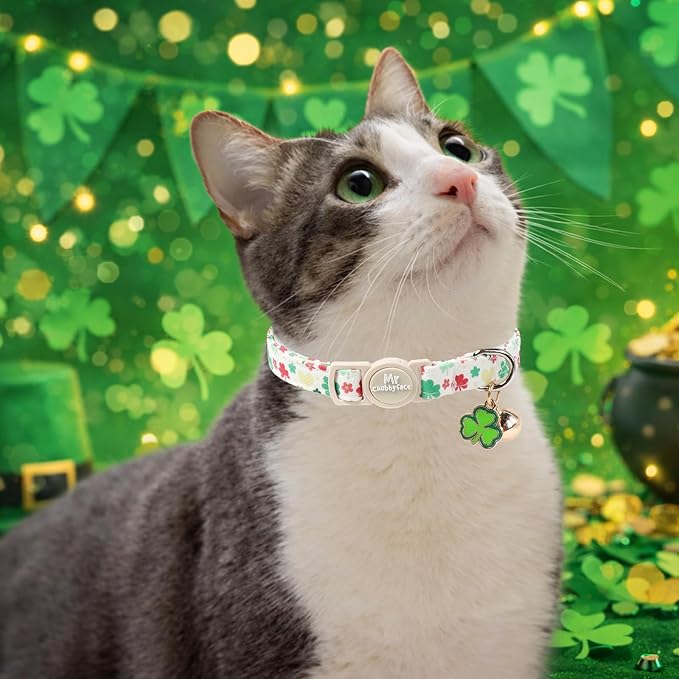 St. Patrick's Day 2 Pack Cat Collar, Soft Breakaway Clover Kitty Collar with Bell&Pendent, Cotton Shamrock Pattern Collar with Safety Buckle for Boy Girl Cats