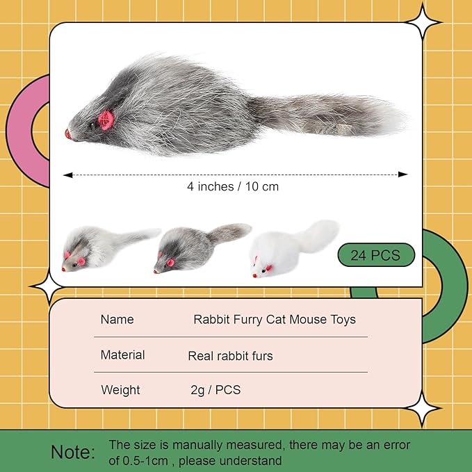 Hungdao 24 Pcs Furry Mice Interactive Catch Play Rabbit Fur Mouse Rattle Sound Rat Plush for PET Cats and Kittens, 3 Colors (White,Black,Gray)
