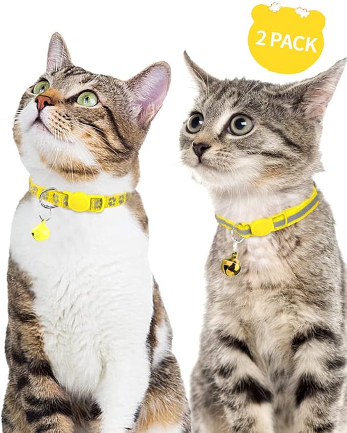 Taglory Reflective Cat Collar Breakaway with Bell, High Visibility Night Strip, Lightweight Adjustable Nylon Collar for Boy Girl Cats, 2 Pack, 7.5-12.5 Inch, Yellow