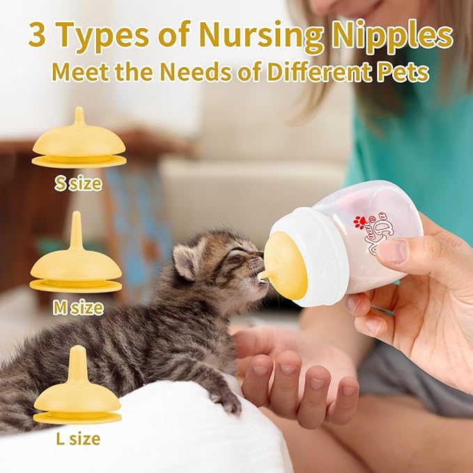 Pet Feeding Bottle and Syringes,60ml Nursing Bottle, 3 Sizes Nipples with Ventilation Valve Resistant Tearing Perfect for Puppies, Kittens, Small Wildlife (Yellow)