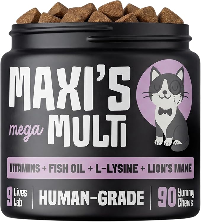 Human-Grade Cat Multivitamin | 15-in-1 Cat Vitamins for Indoor Cats + Fish Oil + L-lysine + Lion's Mane | Feline Vitamins and Supplements | 45 Day Supply of Soft Chews