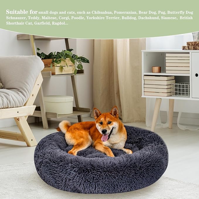 Calming Dog Bed for Medium Dogs Cats, Puppy 31'' Round Anti-Anxiety Warm Fluffy Plush Faux Fur Bed, Soft Anti-Slip Donut Washable, Cozy Medium Puppy Bed, Fits up to 50 lbs Pets