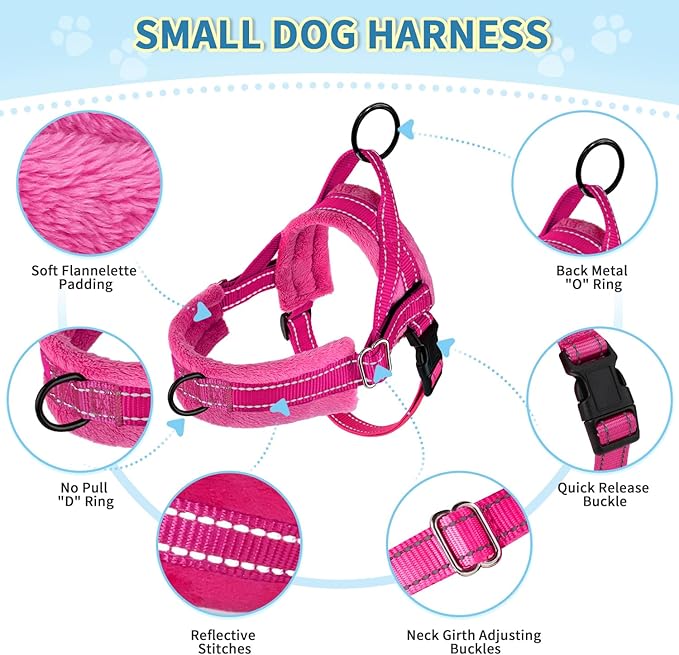 SlowTon No Pull Small Dog Harness and Leash Set, Puppy Soft Vest Harness Neck & Chest Adjustable, Reflective Lightweight Harness & Anti-Twist Pet Lead Combo for Small Medium Dogs (Fuchsia, XXS)