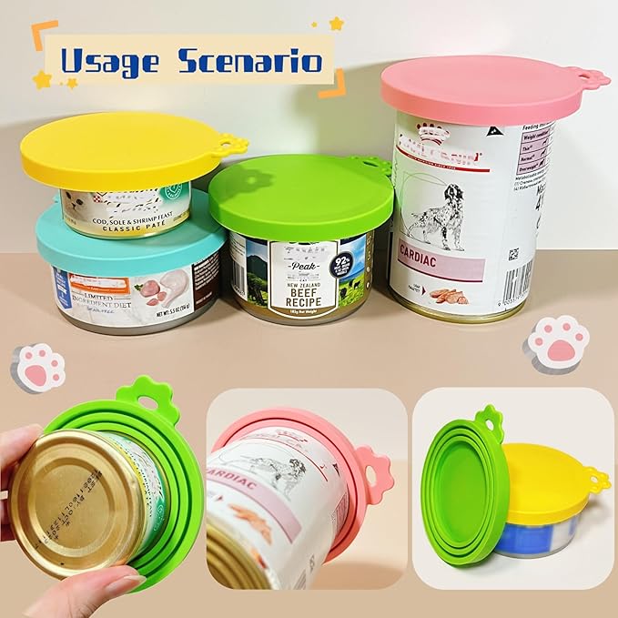 MoPawKT- 6 pcs Silicone Cat/Dog Food Can Covers Lids, Universal 3 Sizes Fit for 3oz, 5.5oz, 6.5oz, 13oz, 13.2oz Pet Food Cans, BPA Free, Reusable (set of 6 lids)