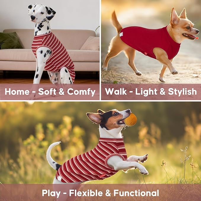 KYEESE 2Pack Waffle Dog Shirts for Small Dogs Stretchy T-Shirts Lightweight Tank Top Sleeveless Striped Vest Breathable Cat Tee, Medium, Red+Striped