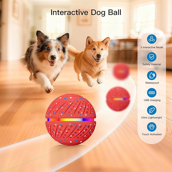 Interactive Dog Toys: Self Rolling & Bouncing Ball to Keep Them Busy, 3 Modes, Type-C Fast Charging, Durable E-TPU & IP54 Waterproof - Best for Small/Medium Breeds & Puppies (Red, Medium)