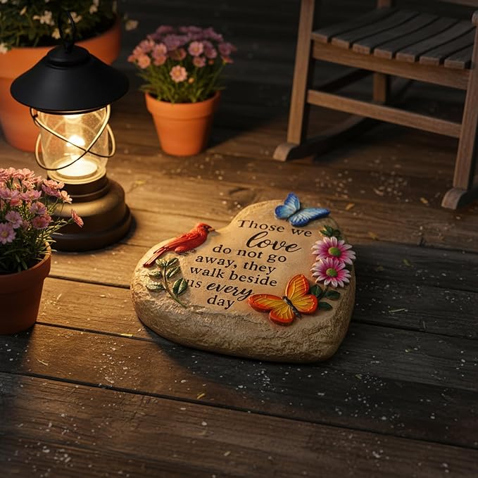 Memorial Stones for Loved Ones Outside with Cardinal Butterfly Flowers, Sympathy Gifts for Loss of Loved One Waterproof Resin Grave Decorations for Cemetery 10 inch