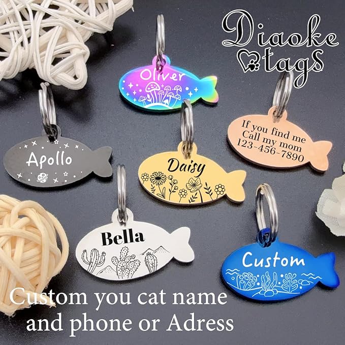 Stainless Steel Cat ID Tag Personalized Pet Tags with up to 4 Lines of Custom Text, Small Pet Mini Dog Cat Tag Lightweight, Engraved on Both Sides, Multiple Patterns Colors Size Options (Fish Pattern)