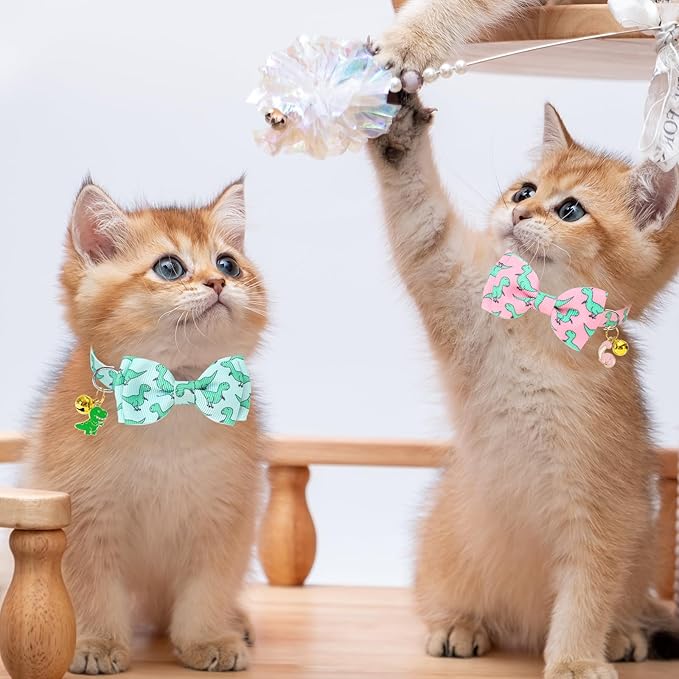 JarThenaAMCS 3Pcs Dinosaur Cat Collar Cute Pink Green Red Collar with Breakaway Bell Bowknot Adjustable Kitten Collars for Girl Boy Cat Small Pet T-Rex Party