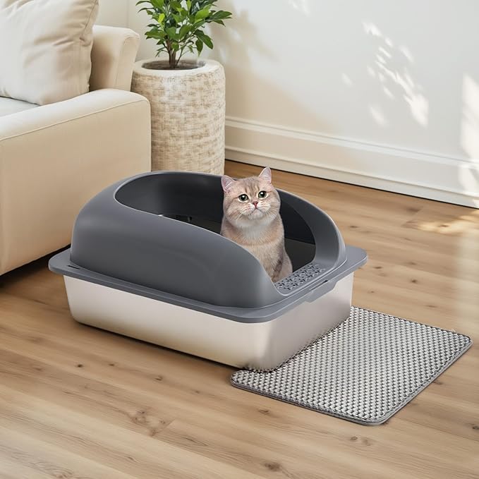 OLIXIS Stainless Steel Cat Litter Box with Lid, Large Cat Litter Box for Big Cats, High Wall Sides, Anti-Urine Leakage, Easy Cleaning, Scoop and Mat Included, Dark Gray