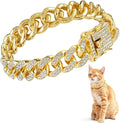 Amabro Cat Chain Collar, Diamond Cuban Link Kitten Walking Collar with Secure Buckle 12mm Wide Pet Rhinestones Necklace Metal Chain Jewelry Accessories for Cats Dogs Kittens Puppies 8inch(Gold)
