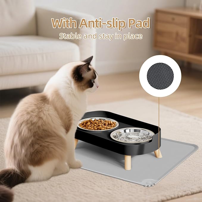 Elevated Cat Bowl with Food Mat, Raised Cat Food and Water Bowl Set for Indoor Cats, Splash Proof with 2 Stainless Steel Pet Food Bowls for Cats and Puppies,Whisker Fatigue and Dishwasher Safe (Black)