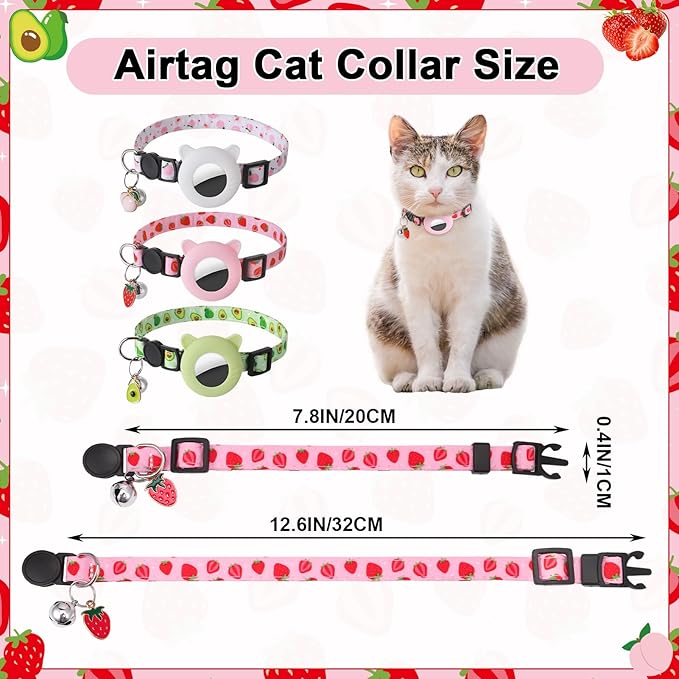 3 Pack Airtag Cat Collar Breakaway Fruit Cat Collars with Air Tag Holder, Bells and Fruit Charms Adjustable Safety Kitten Collars for Girl Boy Cats