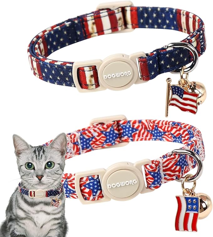 2 Pack American Flag Cat Collars Breakaway with Bell, DOGWONG Safety Buckle 4th of July Patriotic Cute Cat Collar for Girl Boy Cats，Adjustable 7-12 Inch