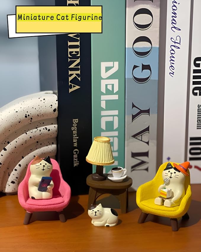 Miniature Cat Desk Set with Sofa & Lamp - 6-Piece Cute Cat Figurines for Office Decor, Shelf Decor, Home Decor, Resin Gift for Men, Cat Lovers (CAT)