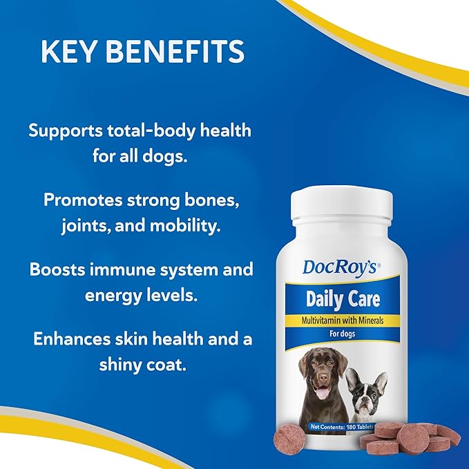 Doc Roy’s Daily Care Canine Multivitamin Supplement for Dogs, 180ct Chewable Tablets with 34 Essential Vitamins, Minerals, Omega Fatty Acids & Antioxidants, All Breeds & Life Stages