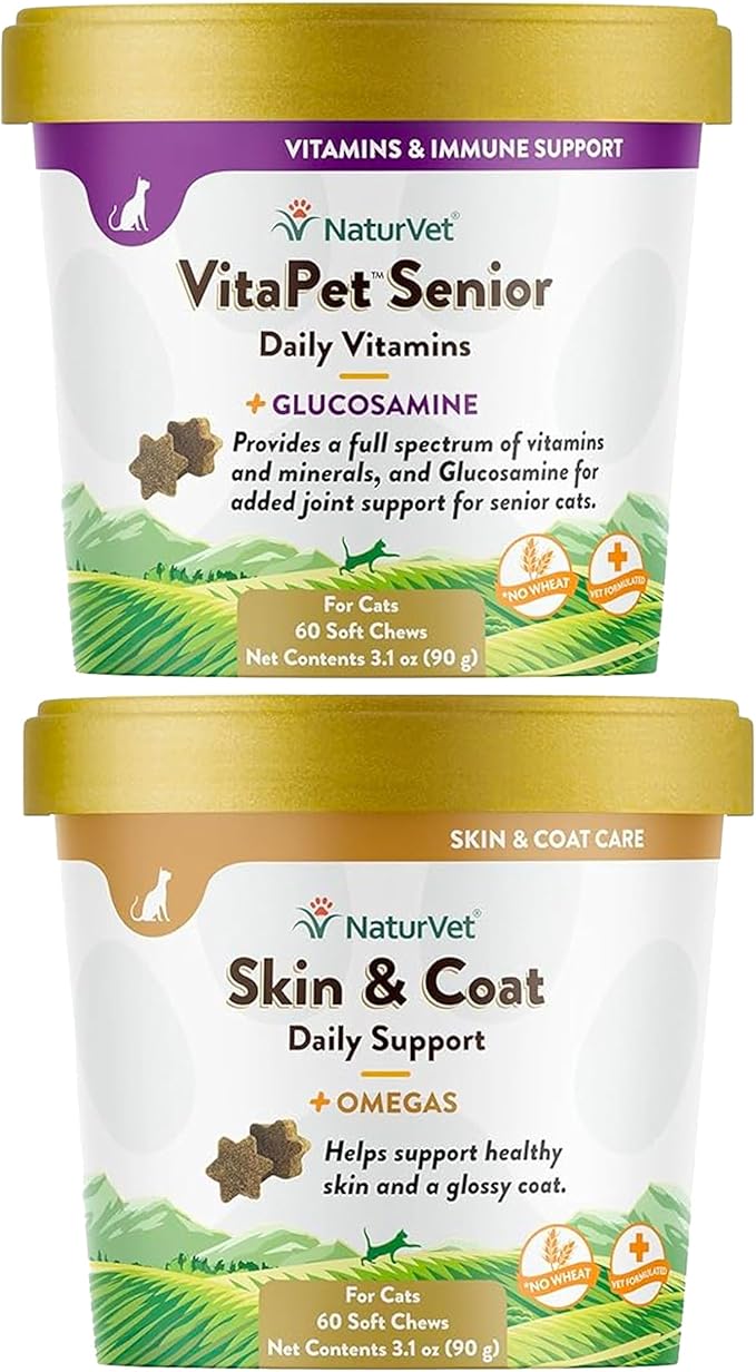 NaturVet – Skin & Coat Plus Omegas for Cats – 60 Soft Chews | Supports Healthy Skin & Glossy Coat | & VitaPet Senior Daily Vitamins for Cats, Formulated to Provide Essential Minerals, 90 g, 60 Count