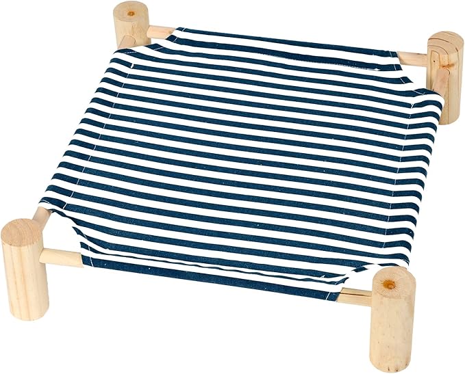 Patas Lague Cat and Dog Hammock Bed for Small Dogs, Brethable Wooden Cat Pet Rabbit Elevated Cooling Outdoor Bed Cots Furniture for All Seasons Blue Stripe
