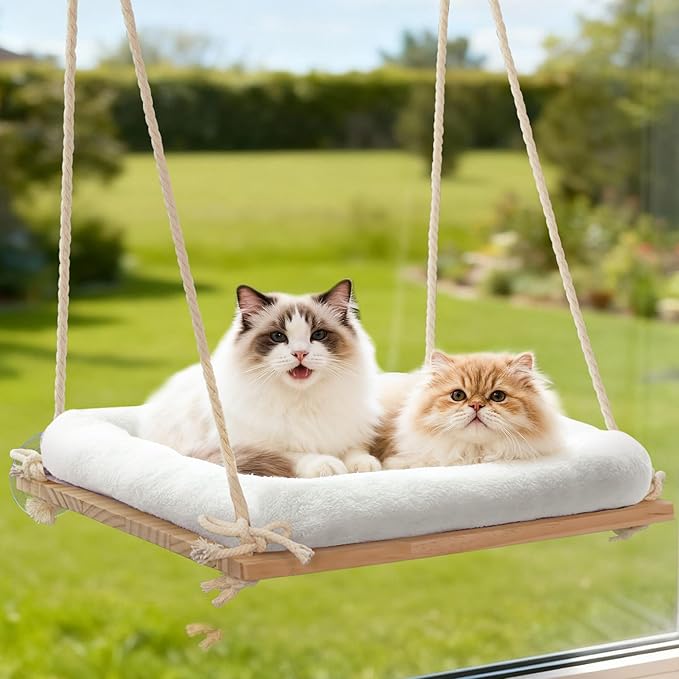 Cat Window Perch, Rustic Cat Hammock Bed with Solid Wood Seat 4 Heavy Duty Suction Cups, Plush Cushion, Indoor Pet Window Hammock for Cats for Large Cats (XL)