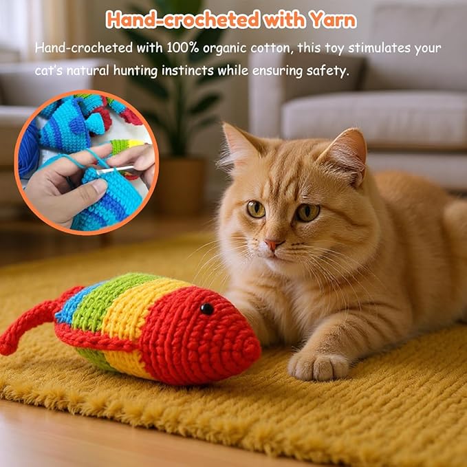 Cat Toys with Catnip & Bell Soft Natural Cat Nip Toys for Indoor Cats Hand Crocheted Interactive Kitten Fish Toys