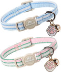 Cat Collar, 2 Pack Pink&Blue Stripe Kitty Collar, Cute Breakaway Kitten Collar with Bell&Pendent, Soft Cotton Collar with Safety Buckle for Female Male Cats