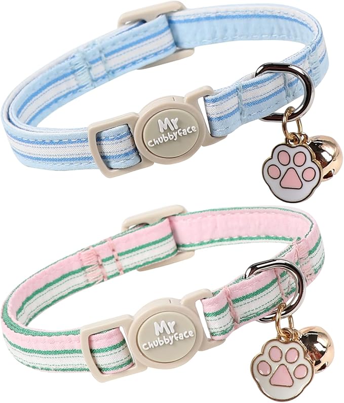 Cat Collar, 2 Pack Pink&Blue Stripe Kitty Collar, Cute Breakaway Kitten Collar with Bell&Pendent, Soft Cotton Collar with Safety Buckle for Female Male Cats