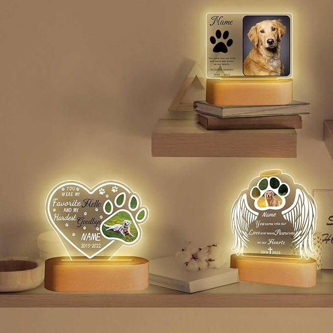 Custom Pet Memorial Night Light Gift Personalized Dog Cat Acrylic Plaque Photo Frame Sympathy Gift Condolence Gifts with Picture Name Date(Dog Paw Heart)