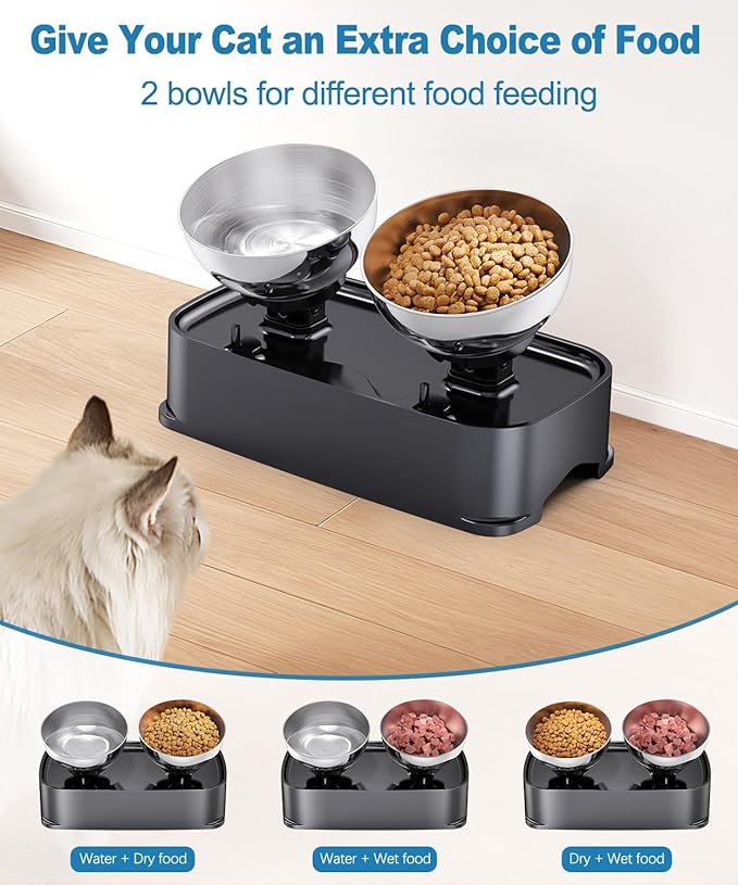 Elevated Cat Bowls, 15° Tilted in Both Way & 4 Height Adjustable Raised Cat Food Bowl, Cats Dish for Food and Water with 2 Stainless Steel Bowls, Anti Vomiting for Cats Puppy, Non-Slip No Spill