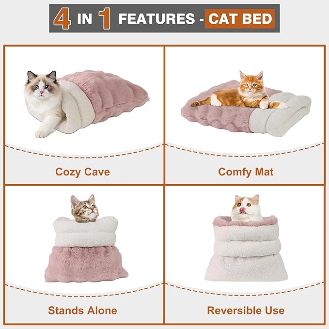4 in 1 Self Warming Burrow Cat Bed, Pet Hideway Sleeping Cuddle Cave (Pink)