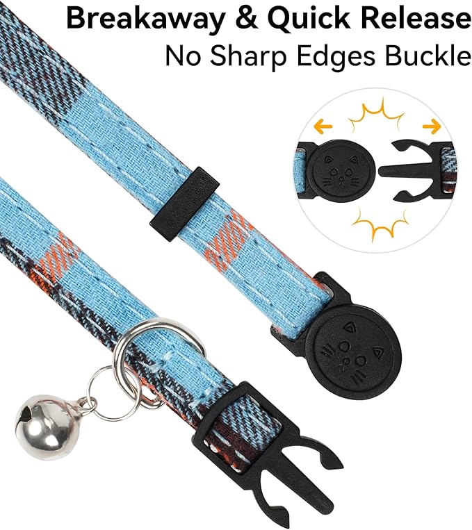 Joytale Upgraded Cat Collar with Bells, Breakaway Cat Collars with Bow Tie, 2 Pack Girl Boy Safety Plaid Kitten Collars, Haze Blue+Pink