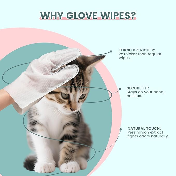 100 Pcs Pet Glove Wipes, Cleaning & Deodorizing for Dogs & Cats, Hypoallergenic Dog Bath Wipes with Natural Persimmon Tannin, Unscented Wipes for Ears, Fur, Paws