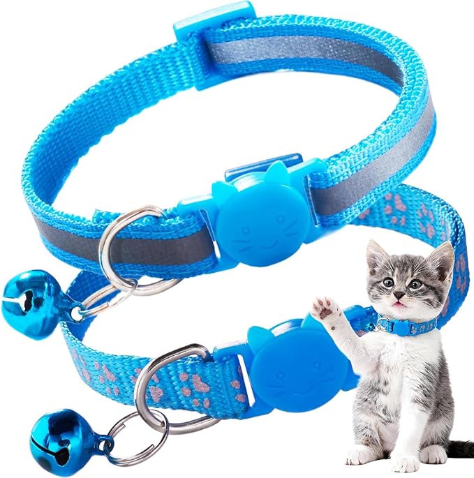 2 Pack Kitten Collars, Breakaway Reflective Cat Collar with Bells Safety Buckle Adjustable for Girl and Boy Pets, Blue
