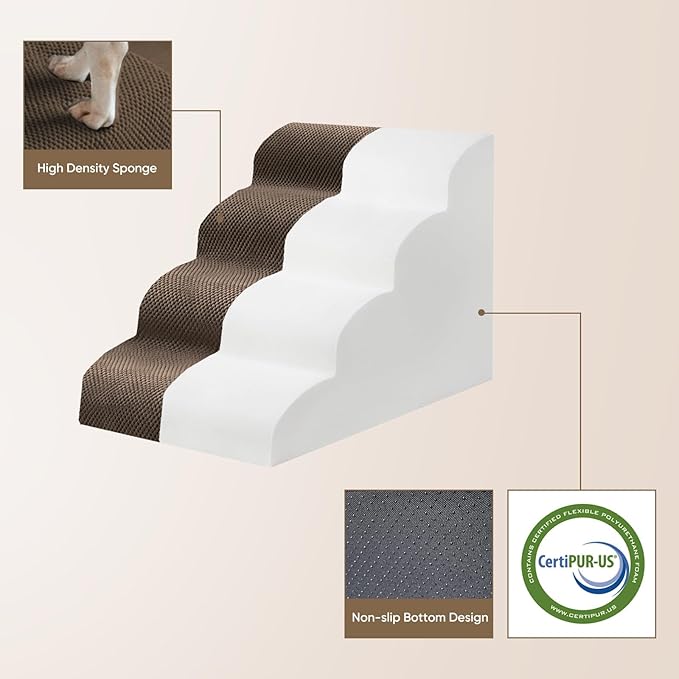 PAWSCART Dog Stairs for Small Pets, 15.7" H with 30D Material Soft Foam, Portable Ramp Non-Slip Surface Non-Slip for Couch and High Bed Climbing, 3-Step Stairs for Cat or Dog, Brown