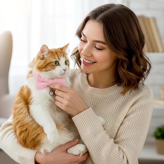 Pink Cat Collar with Bow, Adjustable Breakaway Cat Collars for Girl Cats, Pink Kitten Collar with Bell, Cute Bow Kitten Collars Girl