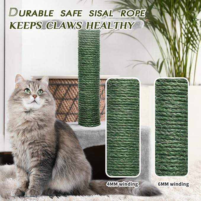 Green Sisal Rope 1/4 Inch by 164-Feet for Cat Scratching Post Tree Tower Replacement Repair and Replace, DIY Hemp Twine Rope for Kittens Shelves Furniture Window Bed Perch House Climbing, 6mm by 50m
