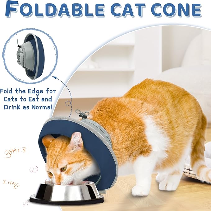 Cat Cone Collar Soft to Stop Licking, Adjustable, Foldable Lightweight Kitten Cone After Surgery Recovery for Cats & Kittens, EVA Material with PU Fabric, Solid Blue, M
