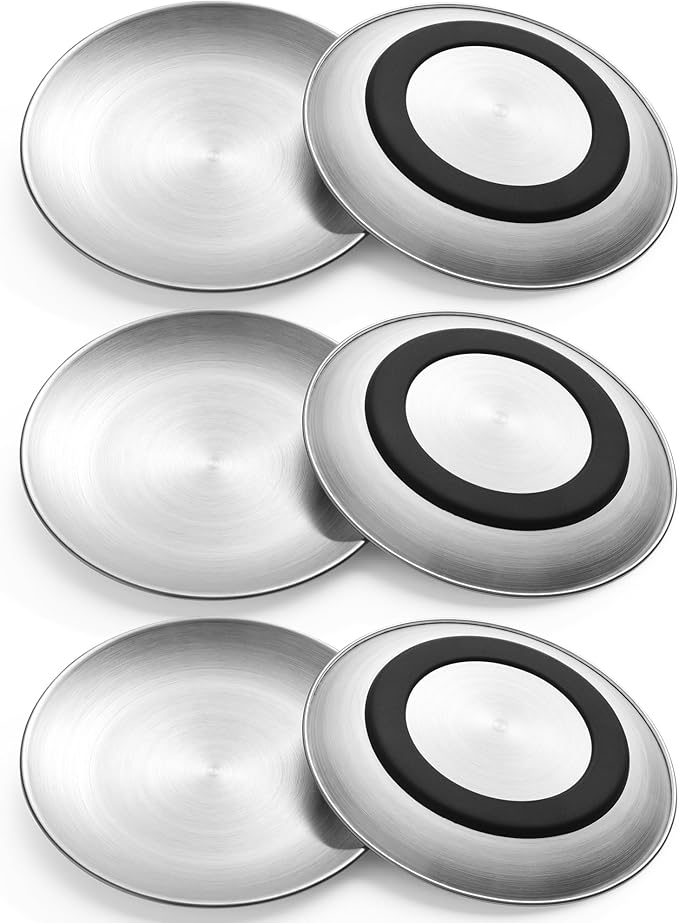 Stainless Steel Cat Bowls, Flat Cat Food Bowl Set with Silicone Ring for Non Slip, 6.7" Wide and Shallow Cats Dishes or Plates for Feeding Indoor Cats, Kitten, Small Dogs (Silver-6 Pack)