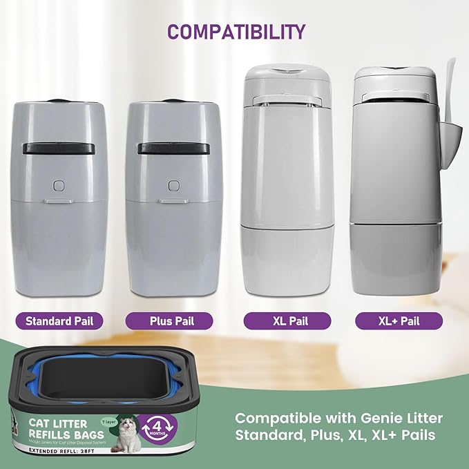 Cat Litter Refill Bags Cartridge 28FT, Compatible with Litter Cat Genie Standard, Plus, XL, XL+ Pail Refills, 7-Layer Odor Control Pet Waste Bags 8 Pack